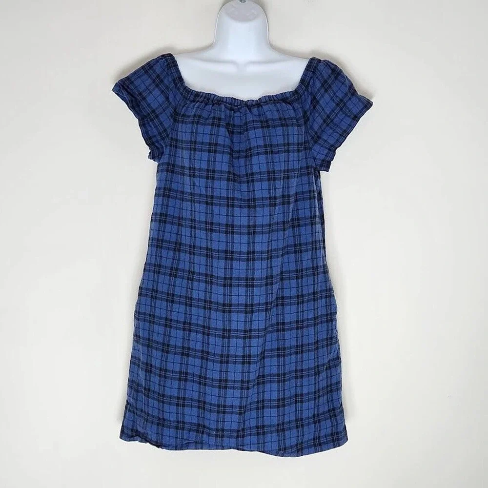 Madewell Plaid Ruffle Off Shoulder Mini Dress Linen Cotton Blend Size 8 - Picture 1 of 13